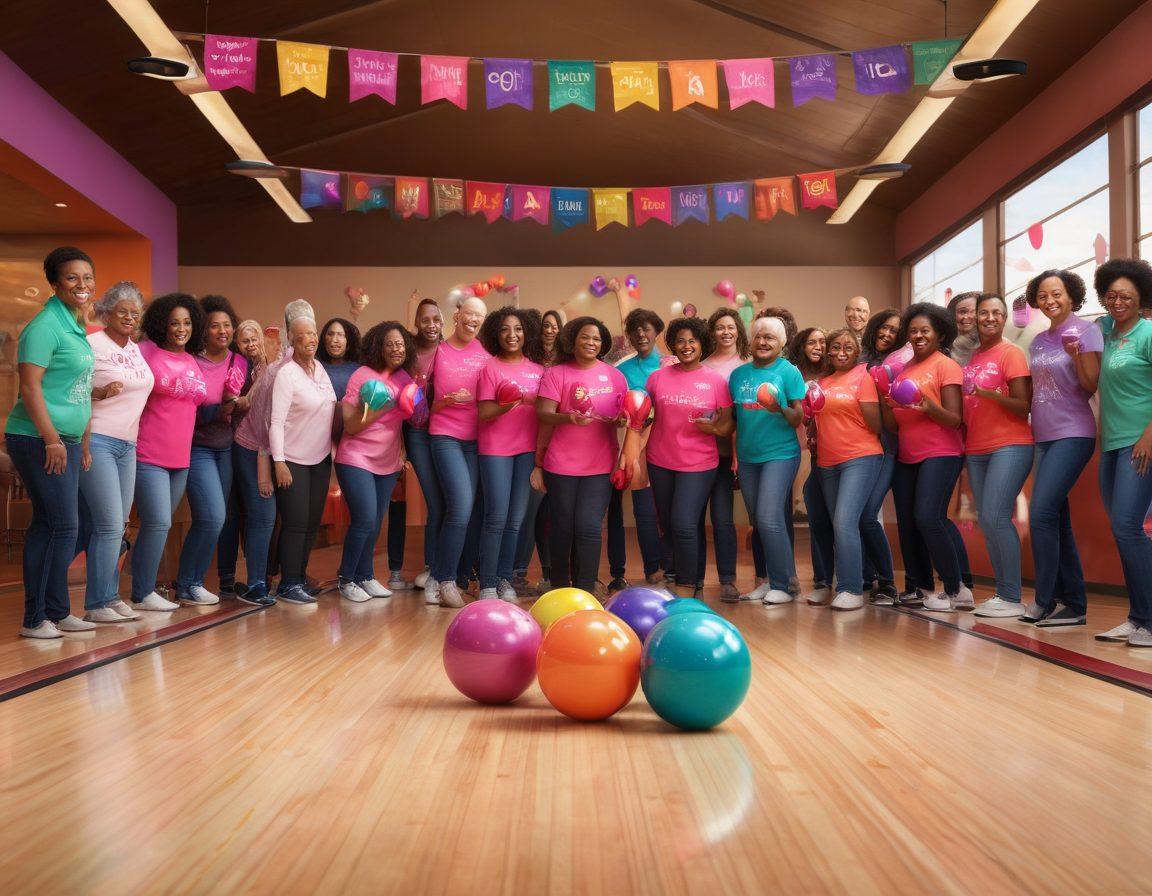 An inspiring scene of diverse bowlers from different backgrounds coming together on a vibrant bowling alley, holding colorful bowling balls with ribbons symbolizing cancer awareness. In the background, a large banner reads 'Strikes for the Cause' while cheerful supporters cheer them on. Soft lighting creates an uplifting, community-focused atmosphere. super-realistic. vibrant colors. 3D.