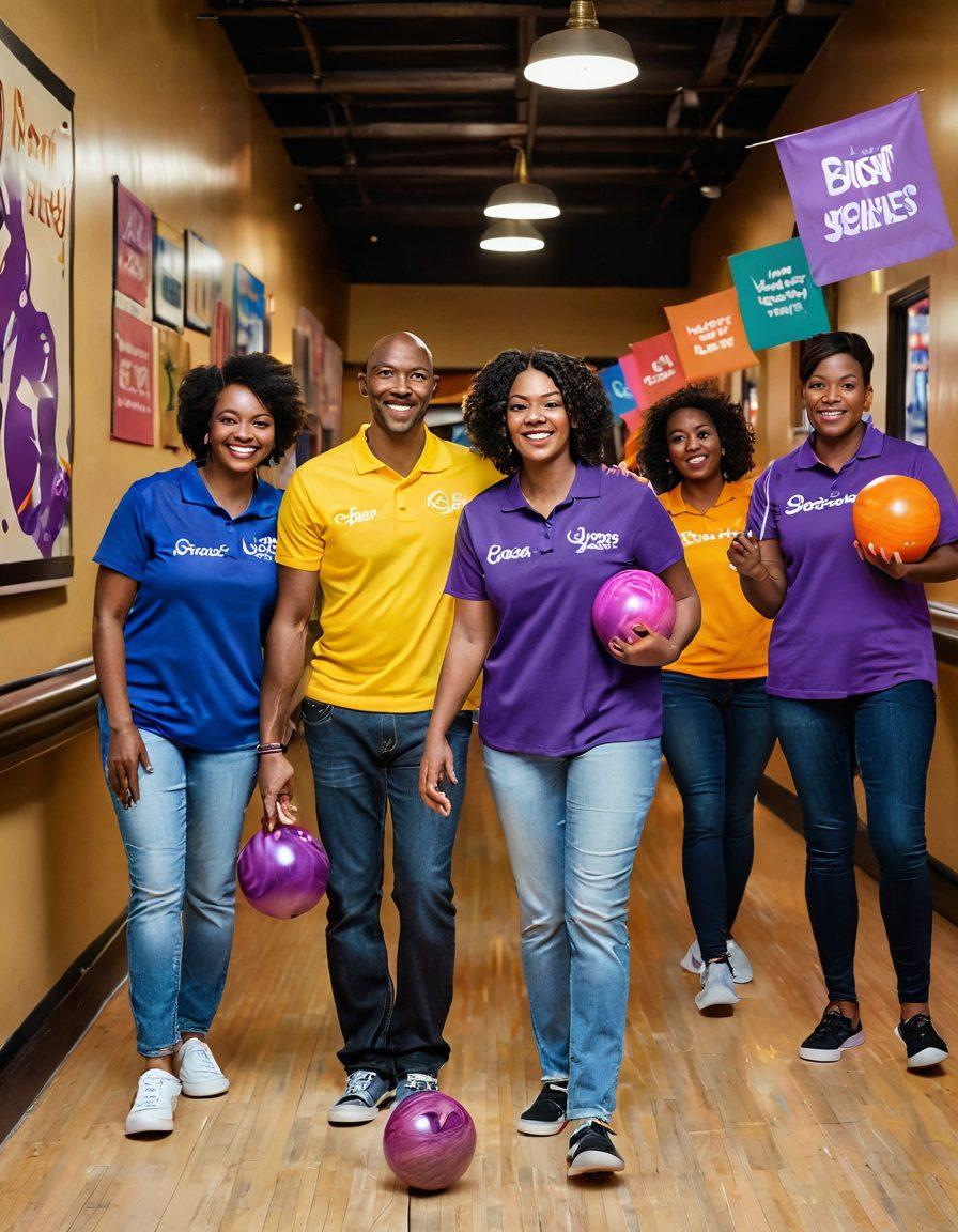A diverse group of individuals bowling together in a brightly lit alley, with colorful bowling balls and pins, displaying smiles of hope and camaraderie. In the background, uplifting cancer awareness banners hang, symbolizing support and solidarity. Warm lighting creates an inviting atmosphere, while a blend of purple and gold hues inspires positivity. super-realistic. vibrant colors.