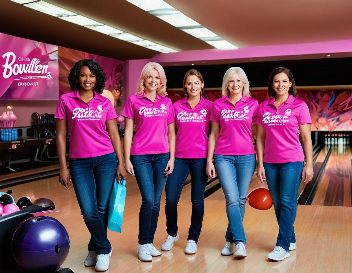 A vibrant bowling alley filled with diverse bowlers wearing pink shirts, symbolizing cancer awareness. Each bowler displays determination and support, with banners reading 'Strike Out Cancer' in the background. Colorful bowling pins and balls in a dynamic motion create an energetic atmosphere. Soft lighting enhances the camaraderie and hope among the bowlers. super-realistic. vibrant colors. 3D.
